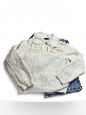 Mango Cream Knit Sweater with Lace Yoke and Collar